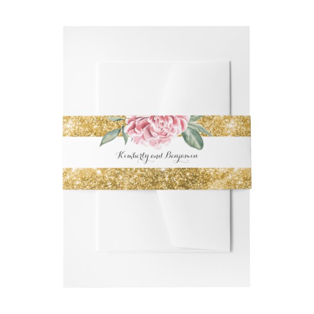 Gold Glitter Stripes and Pink Flower White Wedding Invitation Belly Band (Front Example)