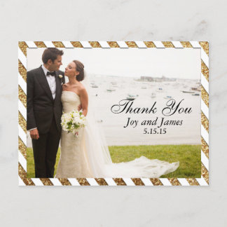 Gold Glitter Stripes Thank You Wedding Postcards