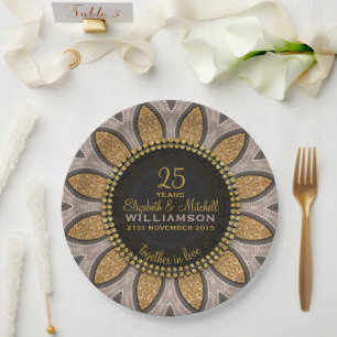 Gold Glitter Sunflower Modern Anniversary Paper Plate