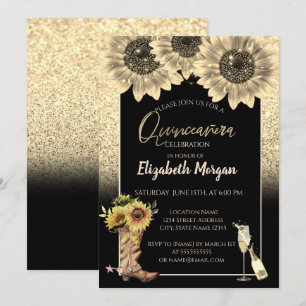 Gold Glitter Sunflowers,Glass Rustic Quinceanera Invitation