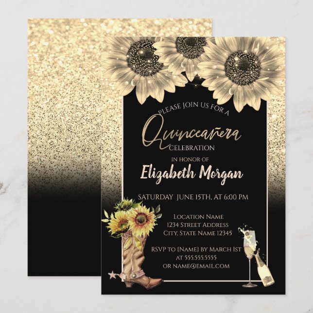 Gold Glitter Sunflowers,Glass Rustic Quinceanera Invitation (Front/Back)