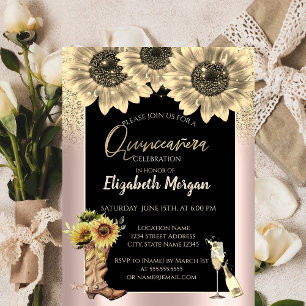 Gold Glitter Sunflowers,  Rose Gold Quinceanera Invitation
