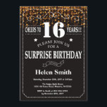 Gold Glitter Surprise 16th Birthday Invitation<br><div class="desc">Gold Glitter Surprise 16th Birthday Invitation. White Typography. Black and White Chalkboard Background. Kids Birthday. Male Men or Women Birthday. Kids Boy or Girl Lady Teen Teenage Bday Invite. 13th 15th 16th 18th 20th 21st 30th 40th 50th 60th 70th 80th 90th 100th. Any Age. For further customisation, please click the...</div>