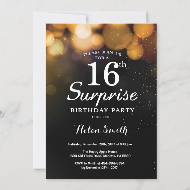 Gold Glitter Surprise 16th Birthday Invitation (Front)