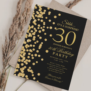  Gold Glitter Surprise 30th Birthday Black Invitation