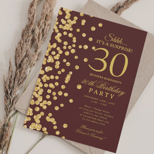 Gold Glitter Surprise 30th Birthday Burgundy  Invitation