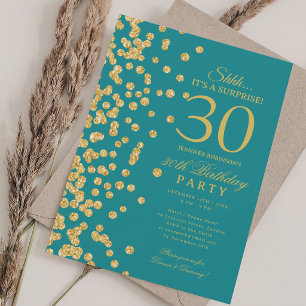 Gold Glitter Surprise 30th Birthday Turquoise  Invitation