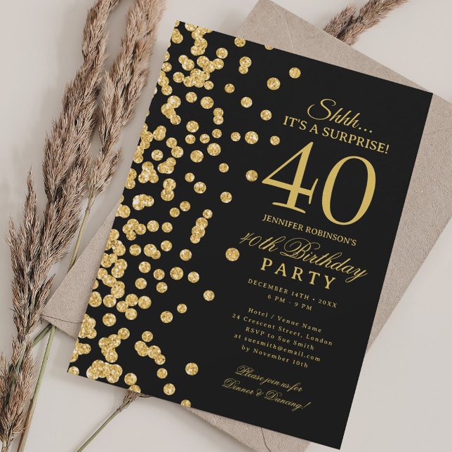  Gold Glitter Surprise 40th Birthday Black Invitation (Gold Glitter Surprise 40th Birthday Black Invitation)
