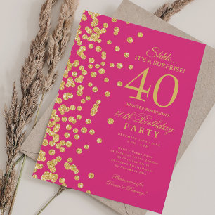  Gold Glitter Surprise 40th Birthday Hot Pink  Invitation
