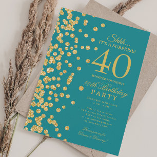  Gold Glitter Surprise 40th Birthday Turquoise  Invitation