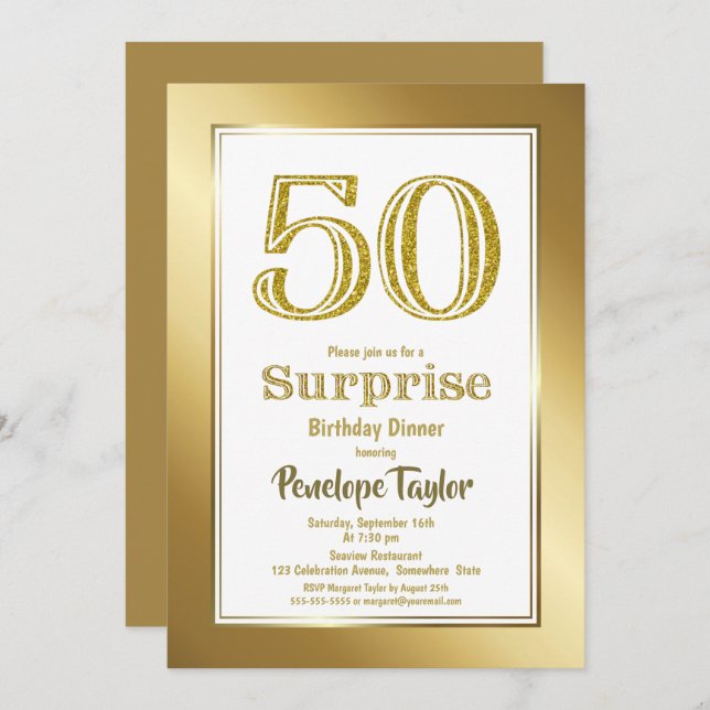 Gold Glitter Surprise 50th Birthday Dinner Party Invitation (Front/Back)