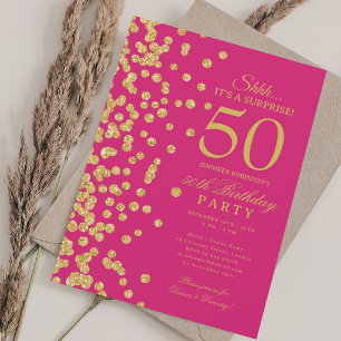 Gold Glitter Surprise 50th Birthday Party Hot Pink Invitation
