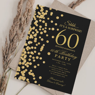  Gold Glitter Surprise 60th Birthday Black Invitation
