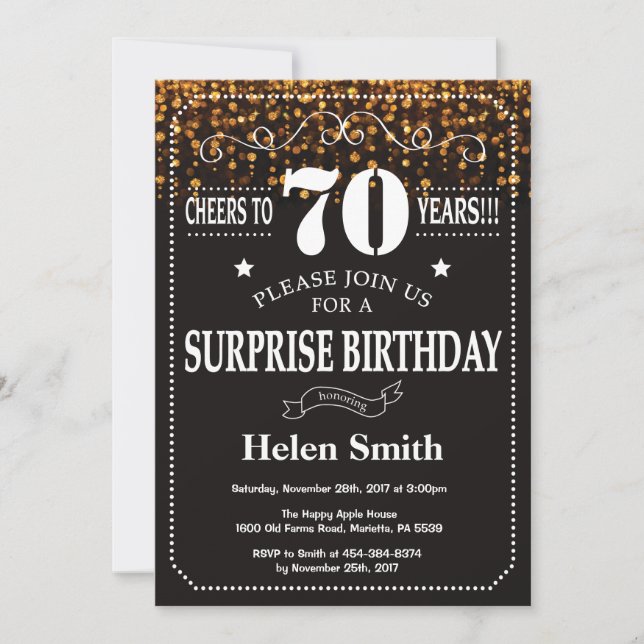 Gold Glitter Surprise 70th Birthday Invitation (Front)