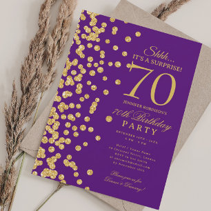  Gold Glitter Surprise 70th Birthday Purple  Invitation