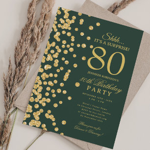 Gold Glitter Surprise 80th Birthday Party Green Invitation
