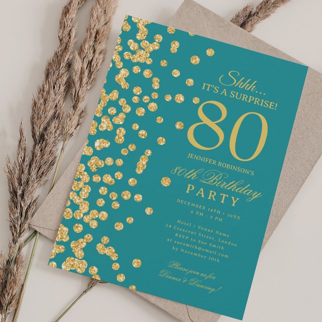  Gold Glitter Surprise 80th Birthday Turquoise  Invitation (Gold Glitter Surprise 80th Birthday Turquoise Invitation)