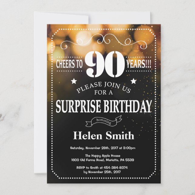 Gold Glitter Surprise 90th Birthday Invitation (Front)