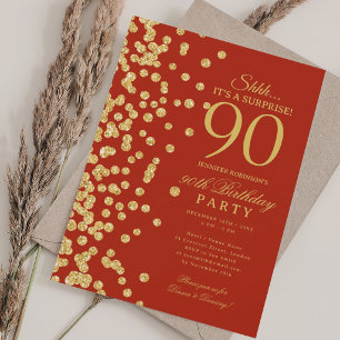 Gold Glitter Surprise 90th Birthday Party Red Invitation