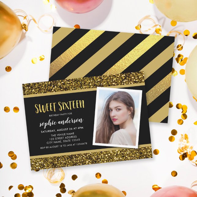 Gold Glitter Sweet 16 Photo Birthday Invitation (Creator Uploaded)