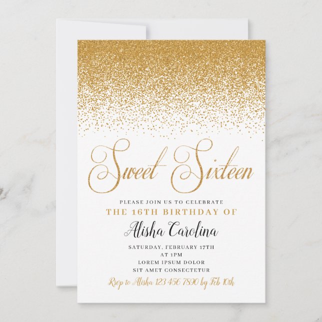 Gold Glitter Sweet Sixteen Birthday Invitation (Front)