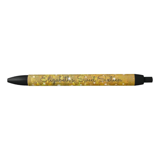 Gold Glitter, Sweet Sixteen, Party Favour Black Ink Pen (Front)