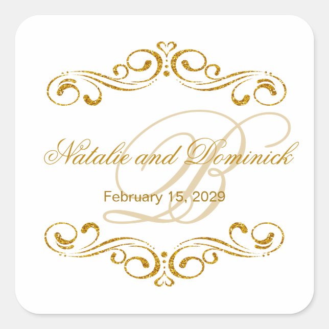 Gold glitter swirls Wedding Monogram Logo Square Sticker (Front)