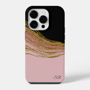 Gold Glitter Swish, Blush and Black Personalised iPhone 14 Pro Case