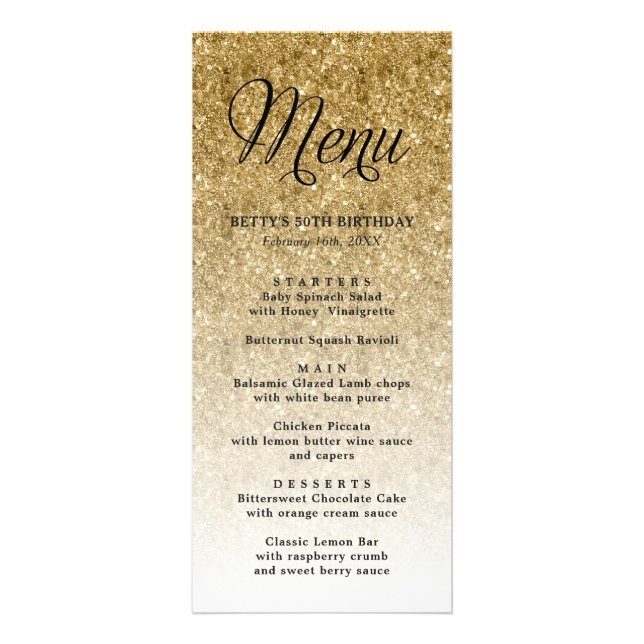 Gold Glitter Tall Menu Card (Front)