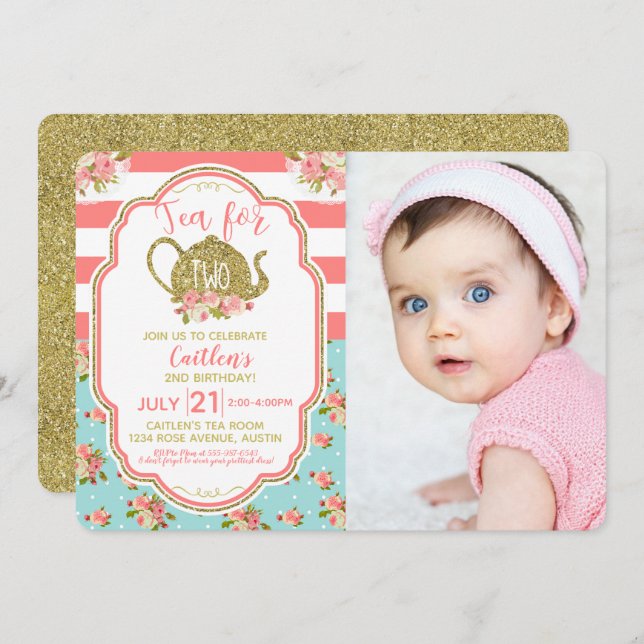 Gold Glitter Tea For Two Birthday Photo Invitation (Front/Back)
