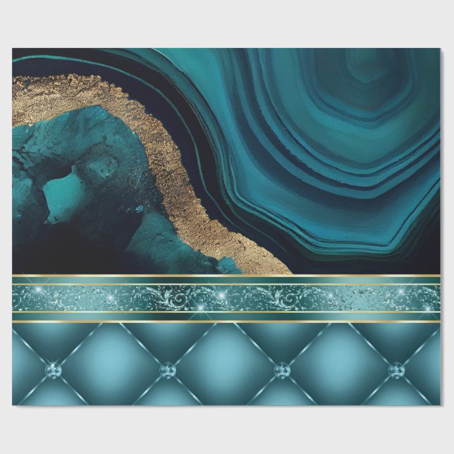 Gold Glitter Teal Agate Marble Diamonds  Wrapping Paper (Flat)