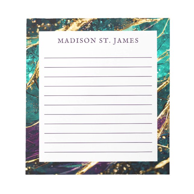 Gold Glitter Teal and Purple Gemstone Custom Lined Notepad (Front)