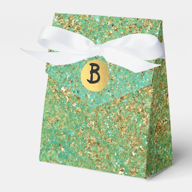 Gold Glitter & Teal Aqua Glam Monogram Party Favour Box (Front Side)