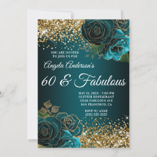 Gold Glitter Teal Blue Floral Glam 60 & Fabulous Invitation