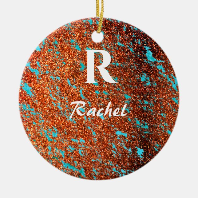 Gold Glitter Teal Blue Monogram Initial Name Cute Ceramic Tree Decoration (Front)