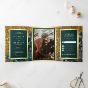 Gold Glitter Teal Marble Photo Wedding Tri-Fold Invitation