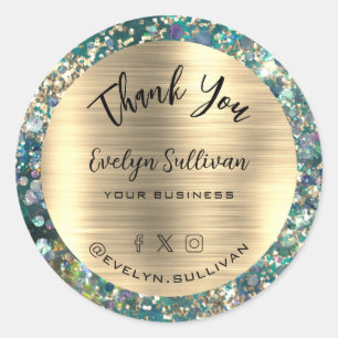 Gold Glitter Teal Opal Thank You Classic Round Sticker