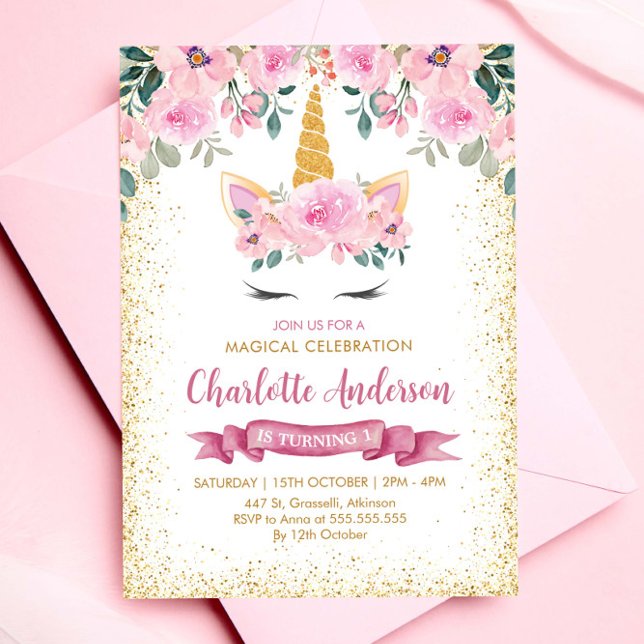 Gold Glitter Teal Pink Floral Unicorn Birthday Invitation (Creator Uploaded)