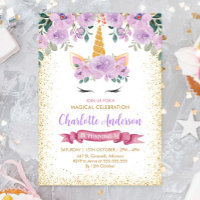 Gold Glitter Teal Purple Floral Unicorn Birthday