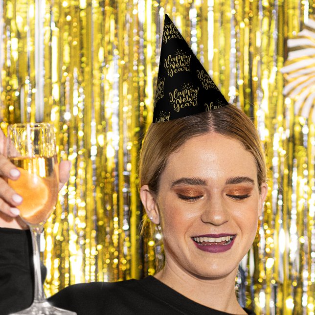 Gold Glitter Text Pattern Happy New Year Party Hat (Creator Uploaded)