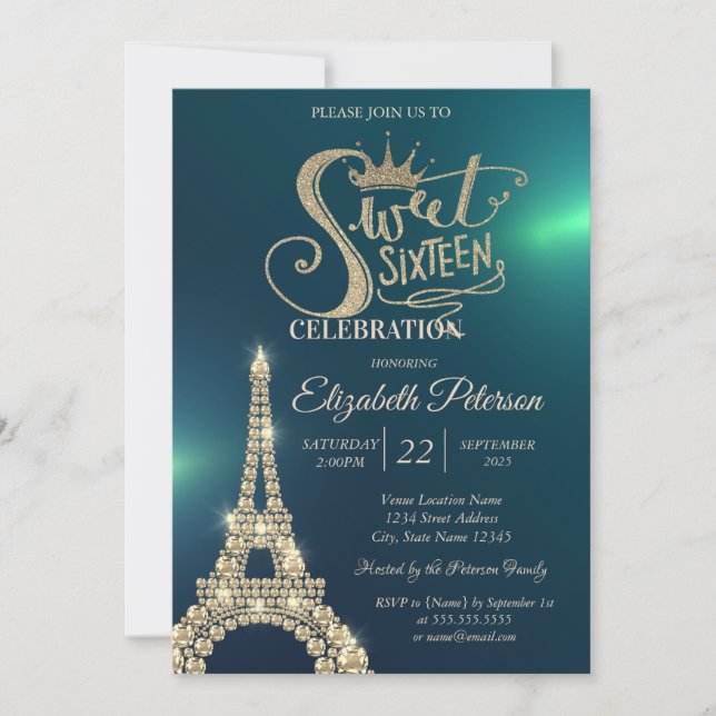 Gold Glitter Tiara, Diamonds Eiffel Tower Green  Invitation (Front)