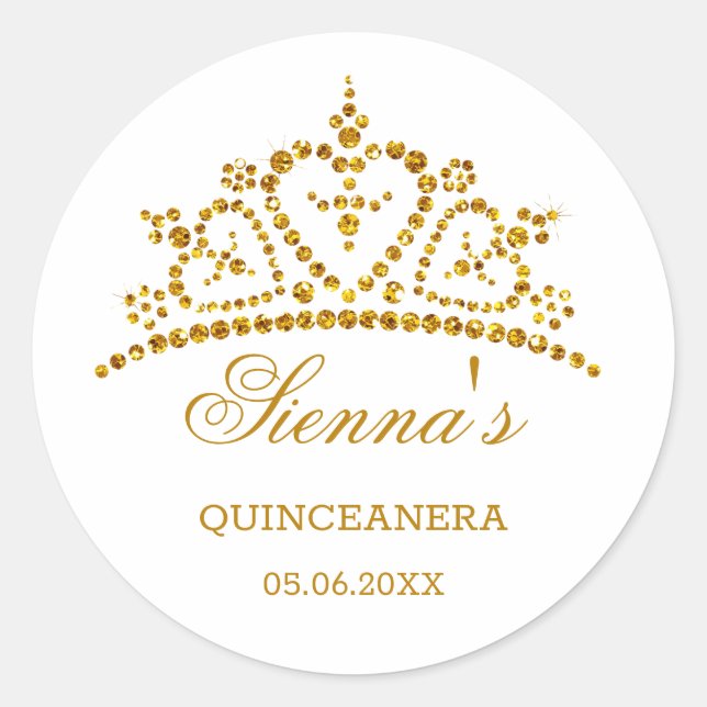 Gold glitter tiara in a heart shape Quinceanera Classic Round Sticker (Front)