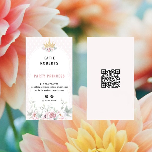 Gold Glitter Tiara Pink Floral Chic Party Princess Business Card (Creator Uploaded)