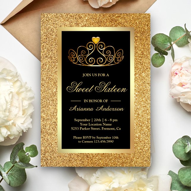 Gold Glitter Tiara Princess Black Sweet Sixteen Invitation (Creator Uploaded)