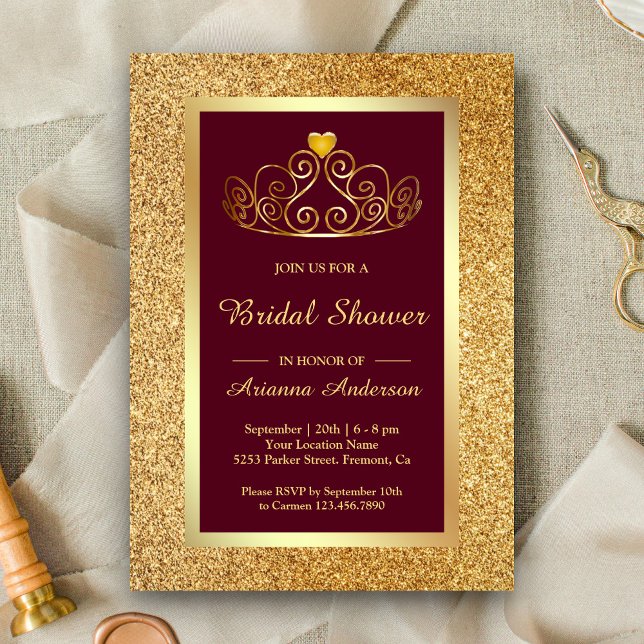 Gold Glitter Tiara Princess Burgundy Bridal Shower Invitation (Creator Uploaded)
