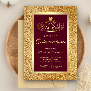 Gold Glitter Tiara Princess Burgundy Quinceanera Invitation