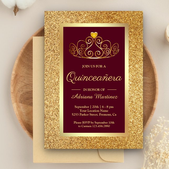 Gold Glitter Tiara Princess Burgundy Quinceanera Invitation (Creator Uploaded)