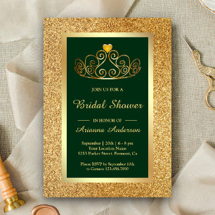 Gold Glitter Tiara Princess Green Bridal Shower Invitation