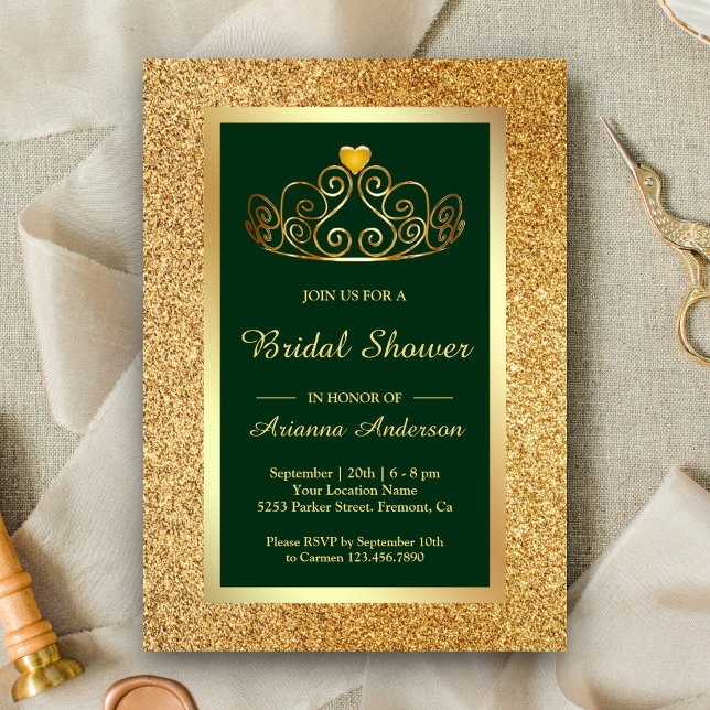 Gold Glitter Tiara Princess Green Bridal Shower Invitation (Creator Uploaded)