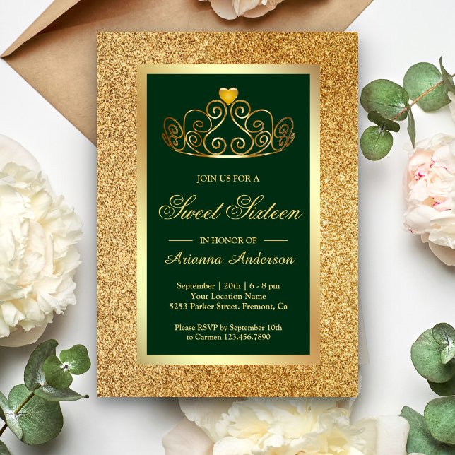 Gold Glitter Tiara Princess Green Sweet Sixteen Invitation (Creator Uploaded)